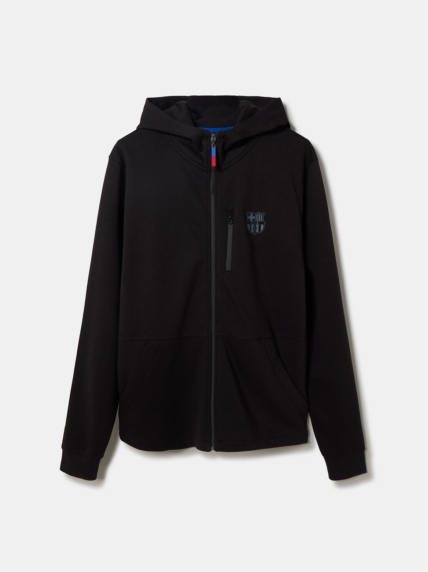 Back of a black hoodie with the word "barça" printed in large, modern light gray font.