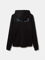 Back of a black hoodie with the word "barça" printed in large, modern light gray font.