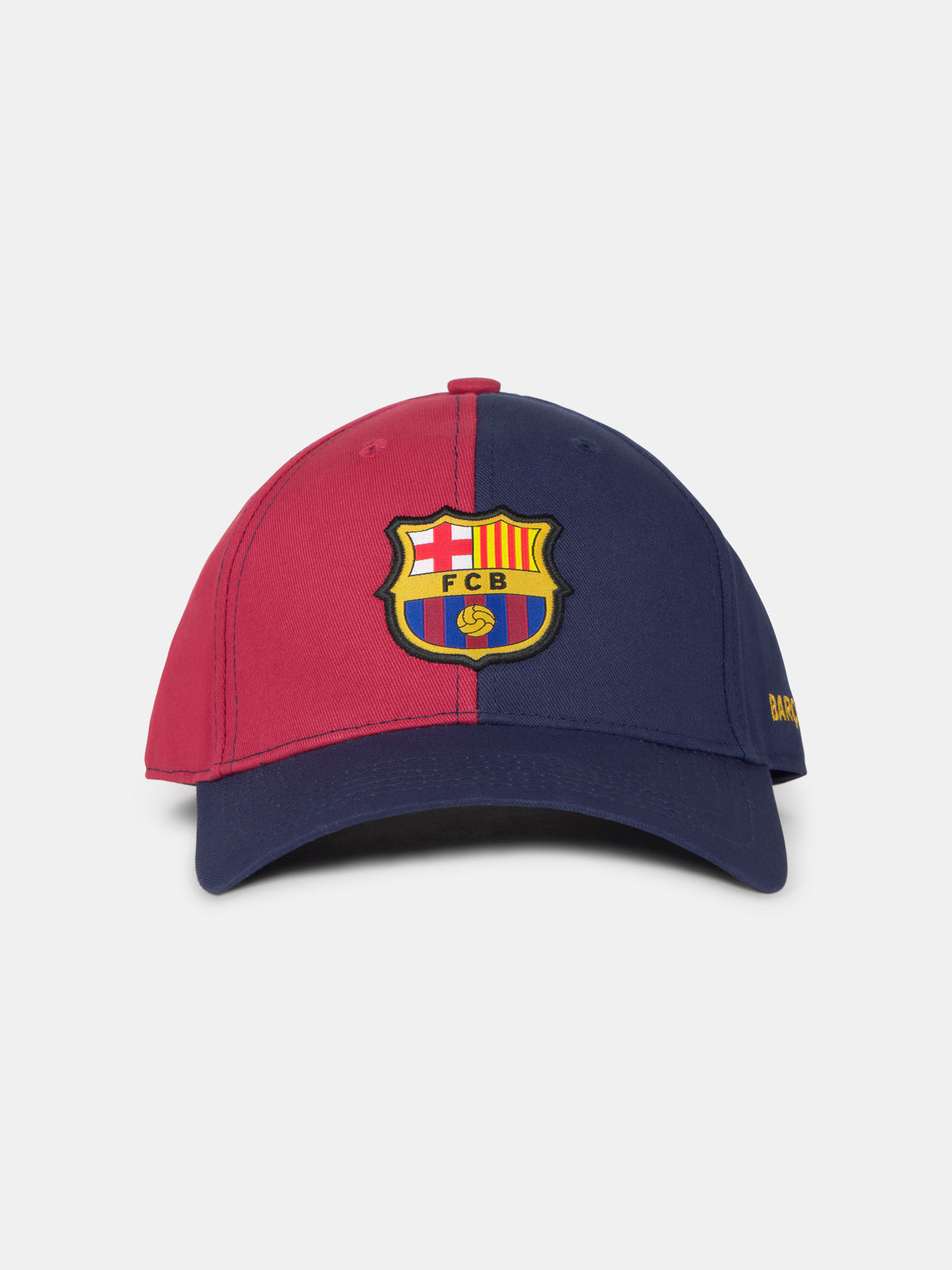 Half red, half navy blue baseball cap with the FC Barcelona crest on the front and 'Barça' text on the side.