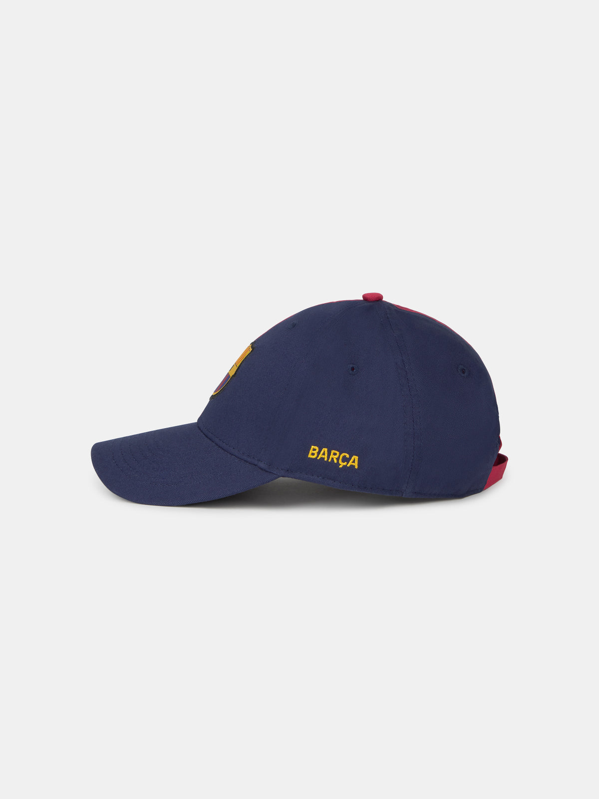 Half red, half navy blue baseball cap with the FC Barcelona crest on the front and 'Barça' text on the side.