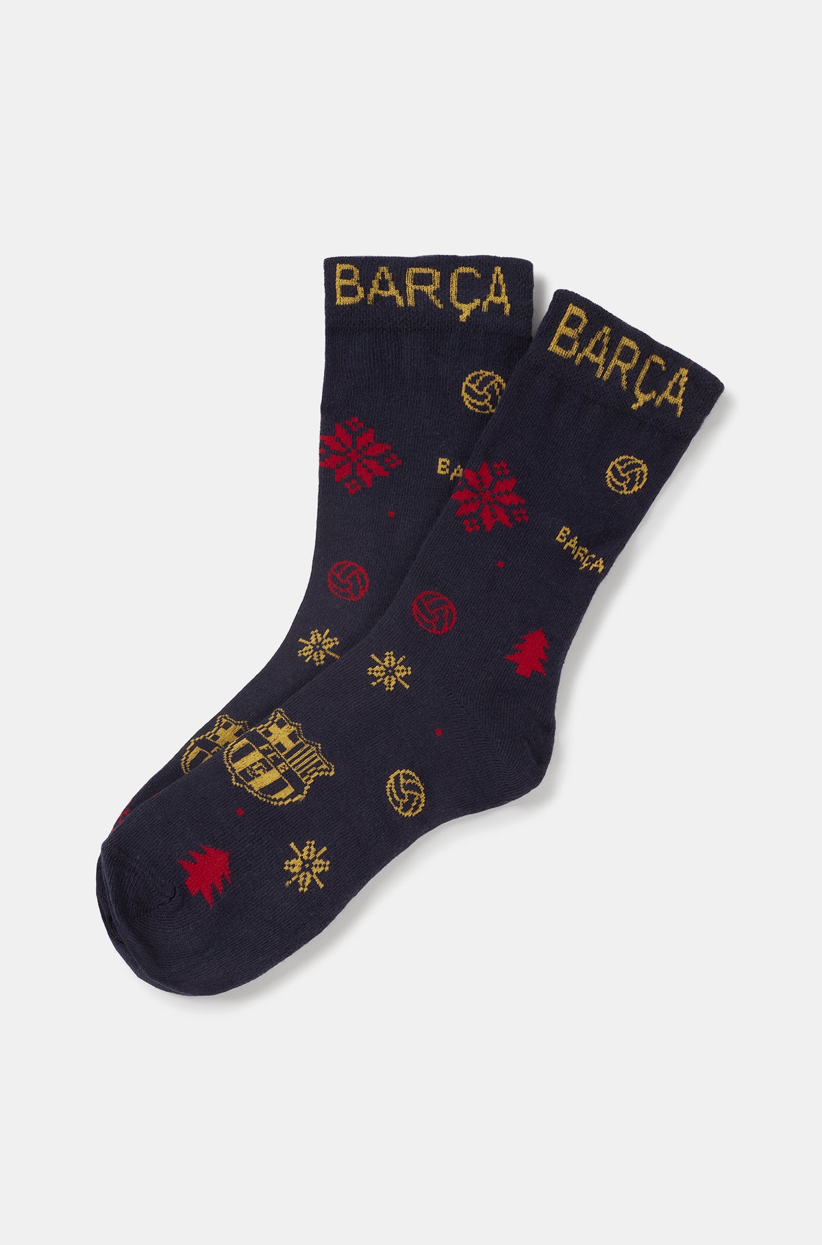 Par de calcetines azul marino de FC Barcelona con inscripción BARÇA dorada y motivos festivos rojos y dorados.