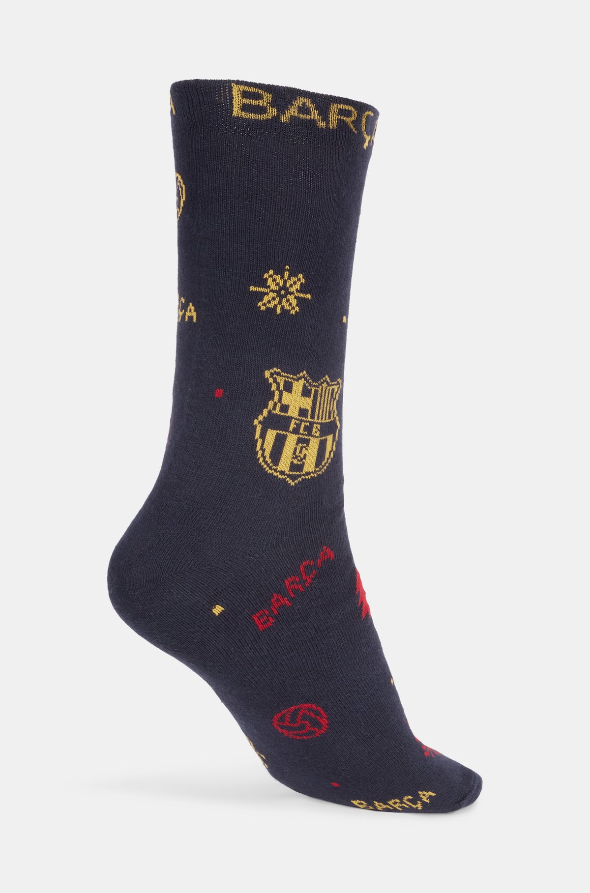 Calcetín azul marino de FC Barcelona con escudos y texto de Barça en dorado y rojo, visto de lado.