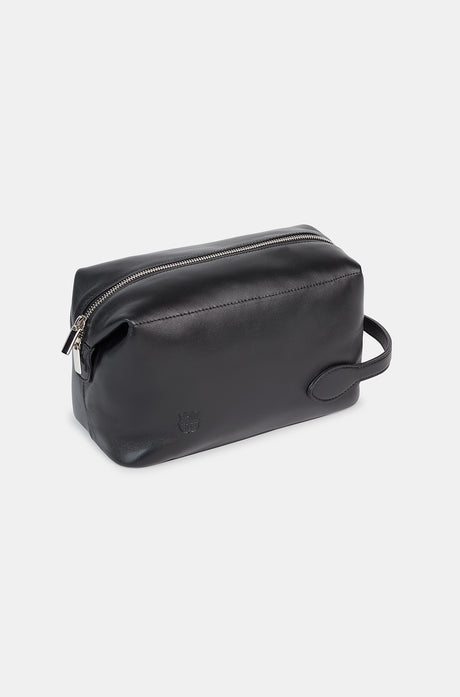 Black leather toiletry bag with a side handle and a silver zipper, featuring an embossed FC Barcelona logo.