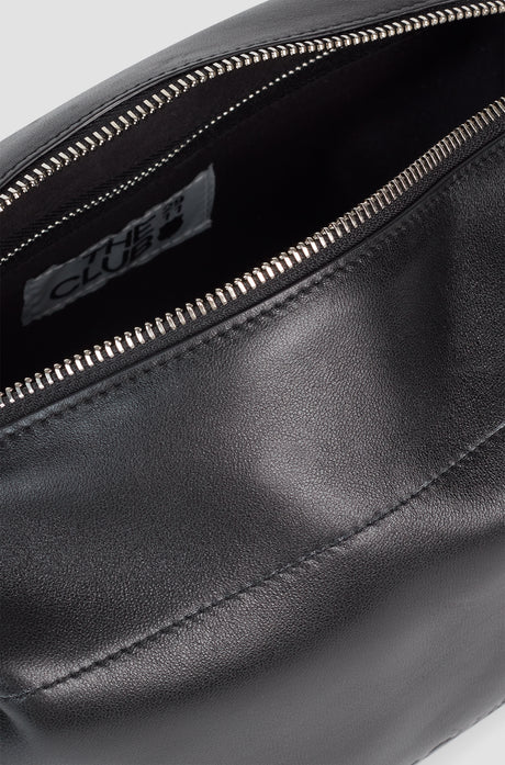 Black leather toiletry bag with a side handle and a silver zipper, featuring an embossed FC Barcelona logo.