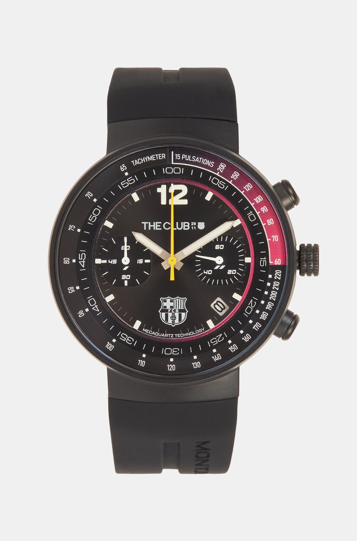 Black wristwatch with FC Barcelona crest, displayed in a black presentation box, featuring a dark dial with red and blue accents and a yellow second hand