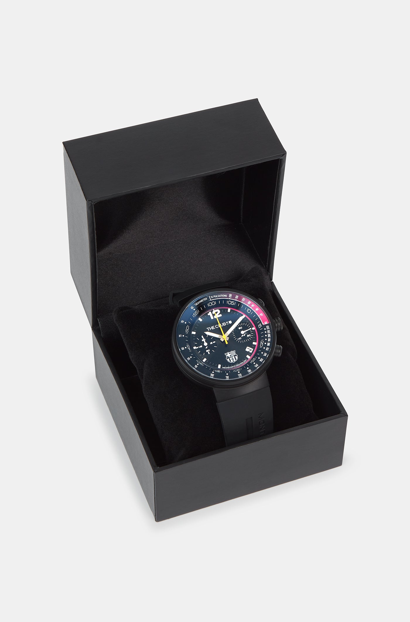 Black wristwatch with FC Barcelona crest, displayed in a black presentation box, featuring a dark dial with red and blue accents and a yellow second hand