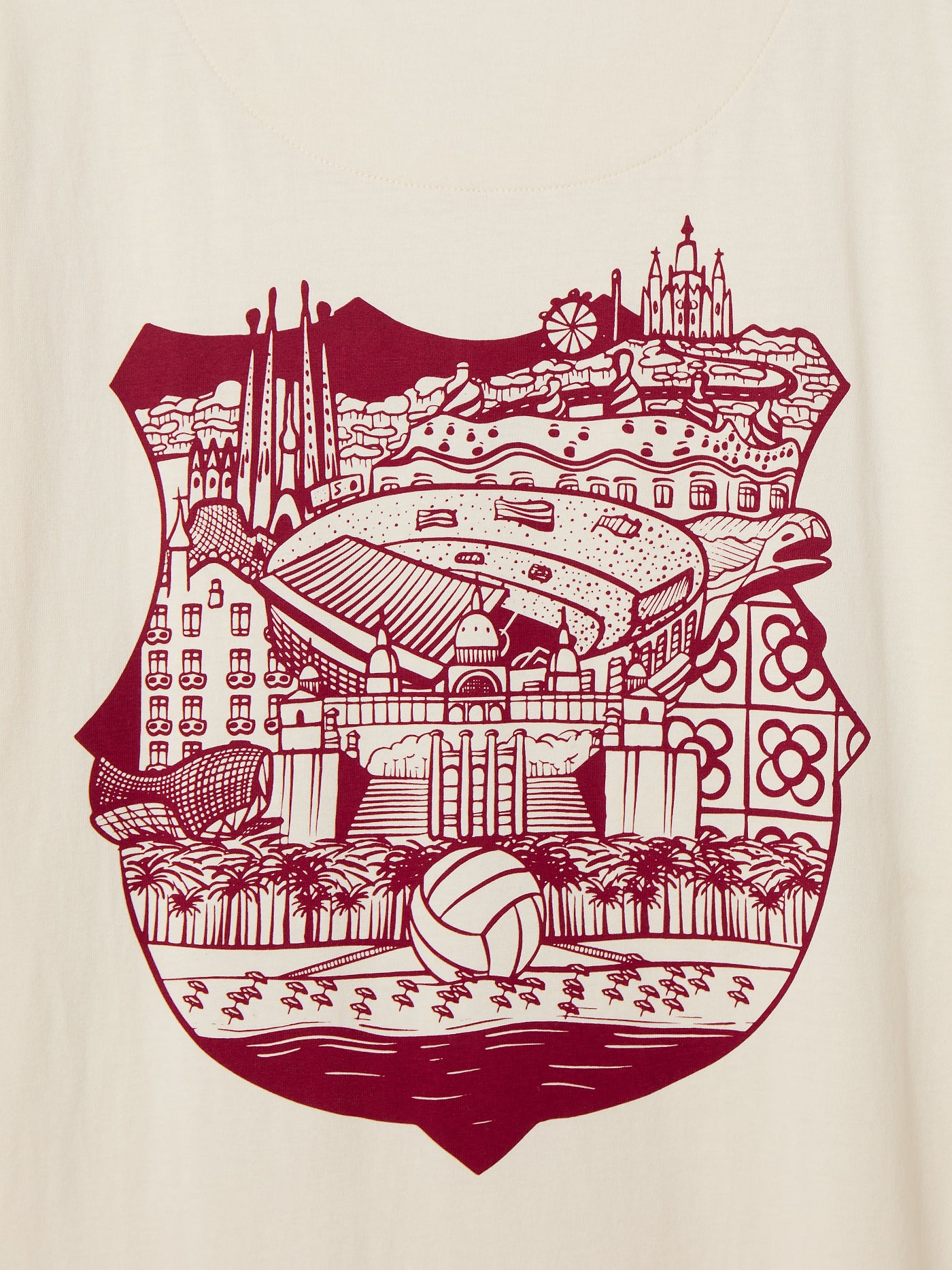  off-white FC Barcelona t-shirt with a red artistic illustration on the back, featuring iconic landmarks of Barcelona and the Camp Nou stadium inside a stylized club crest.