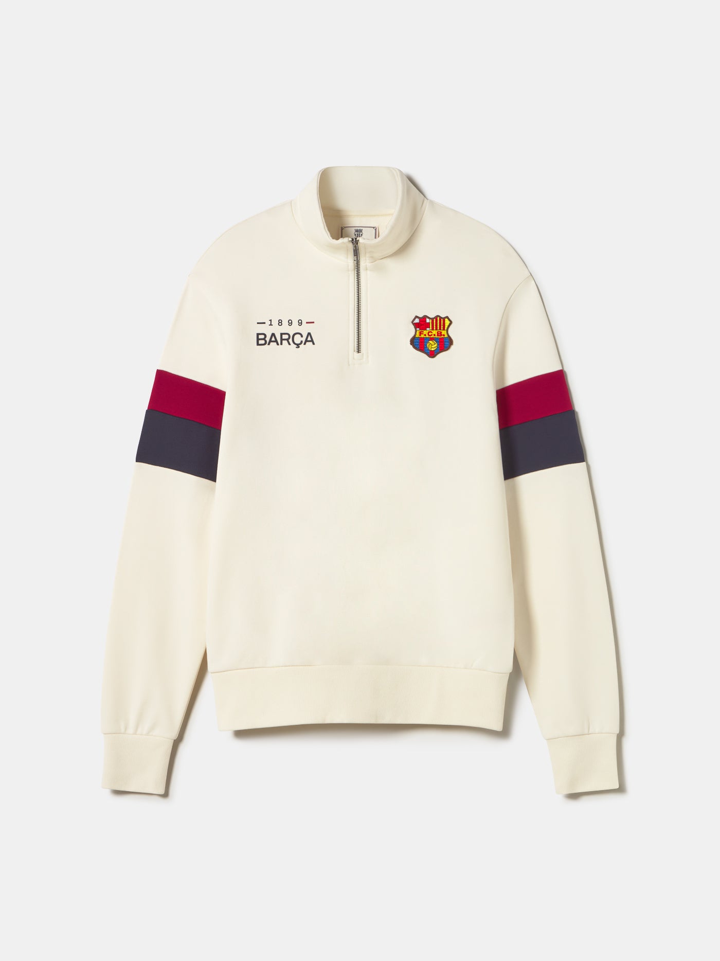 cream-colored Barça sweatshirt with red and navy sleeve stripes and embroidered club crest