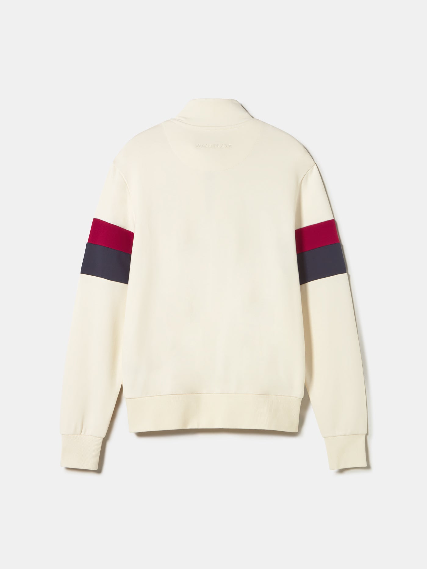 cream-colored Barça sweatshirt with red and navy sleeve stripes and embroidered club crest