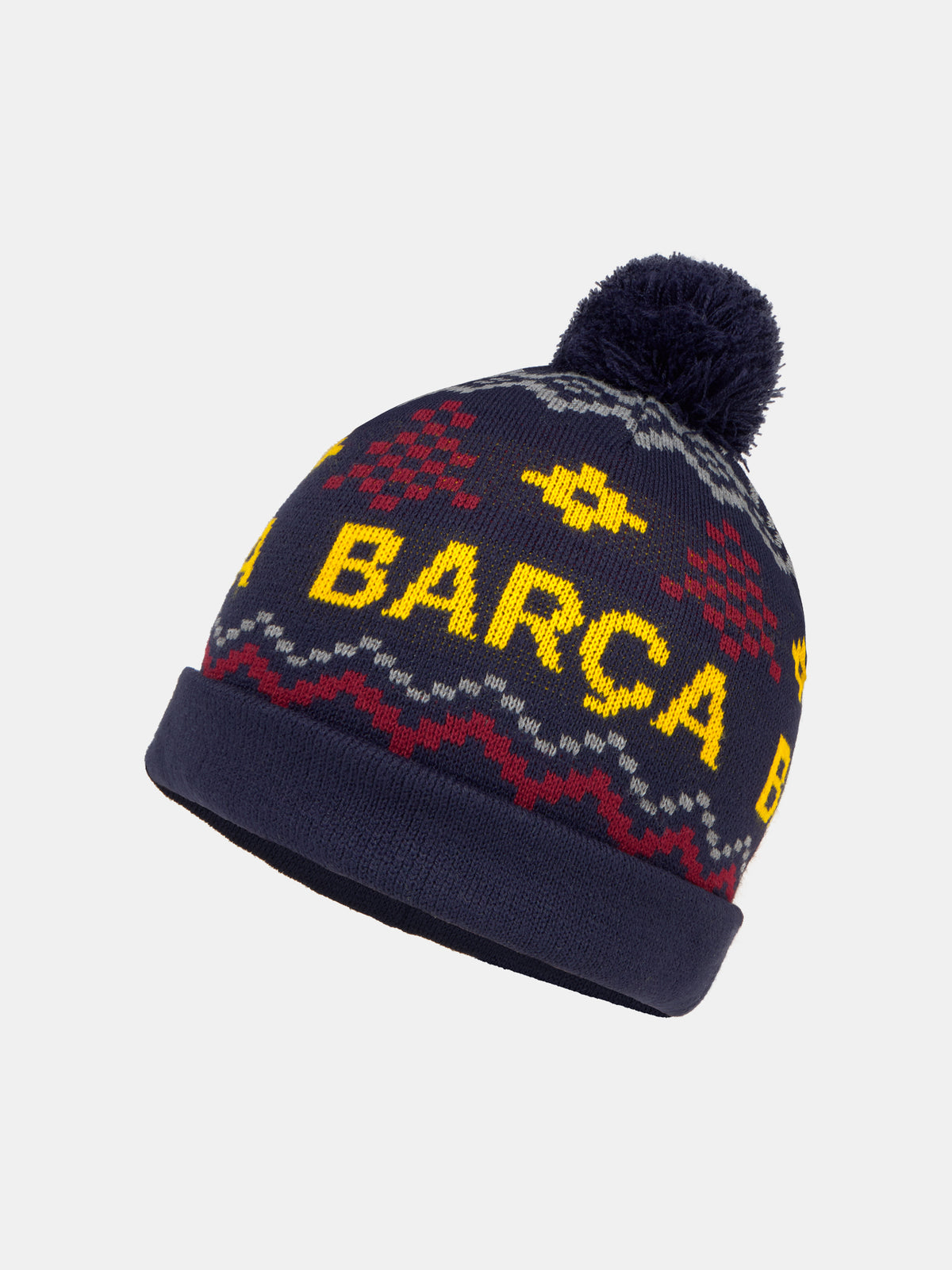 Gorro de punto azul marino de FC Barcelona con pompón y texto amarillo de Barça en la parte frontal.