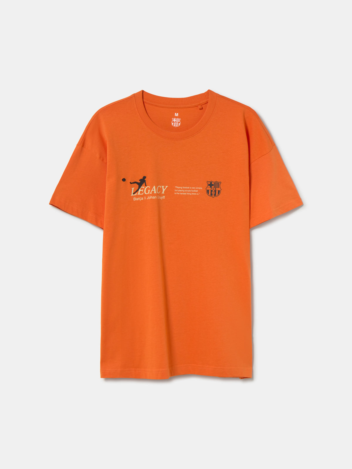 Bright orange T-shirt featuring a black-and-white image of Johan Cruyff during a match and his name below the photo