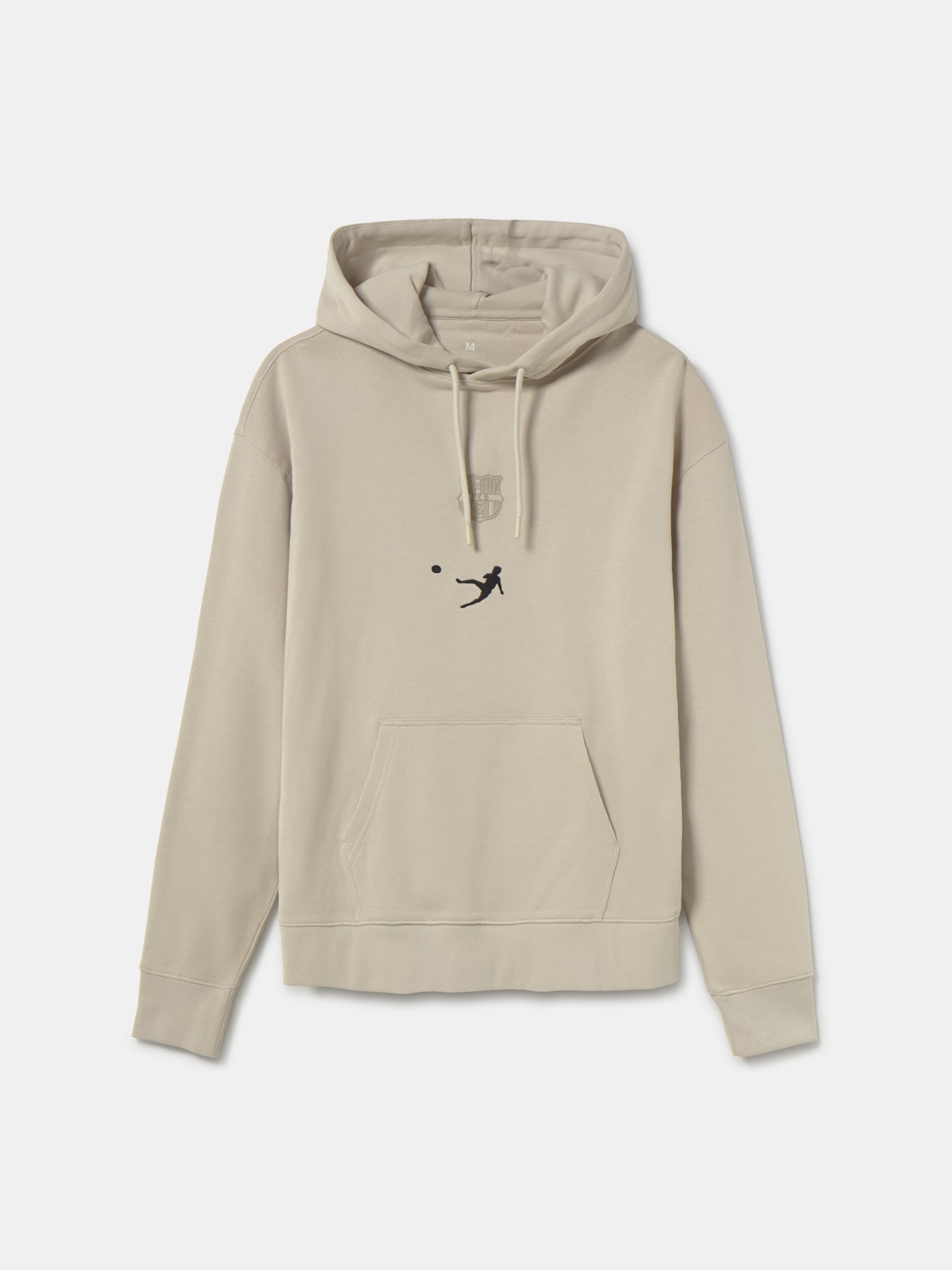 White FC Barcelona hoodie featuring the club's crest and a silhouette of Johan Cruyff performing a volley printed on the chest.