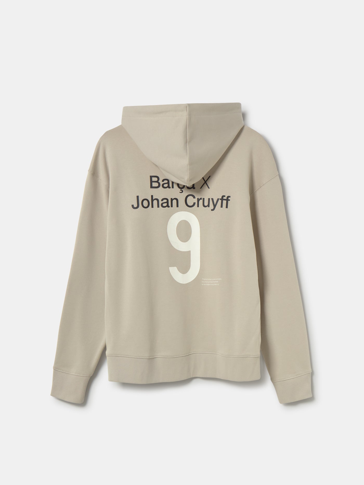 White FC Barcelona hoodie featuring the club's crest and a silhouette of Johan Cruyff performing a volley printed on the chest.
