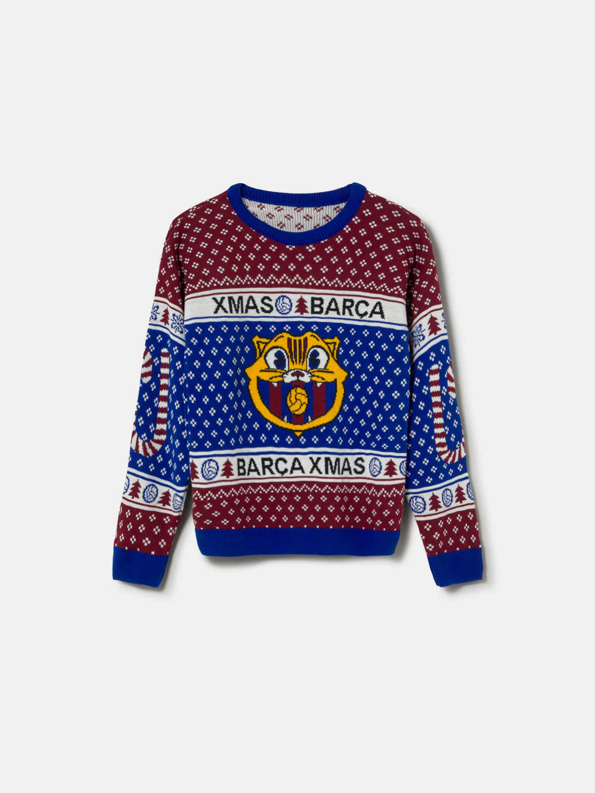 Vue de face d’un pull de Noël FC Barcelona bordeaux et bleu, avec l’écusson de Barça au centre et le texte « XMAS BARÇA ».