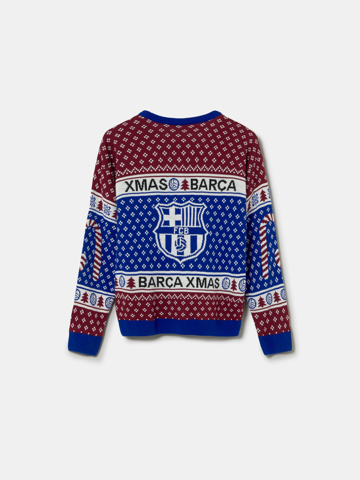 Vue arrière d’un pull de Noël Barça en bordeaux, bleu et blanc, avec un grand blason FC Barcelona et le texte XMAS BARCA.