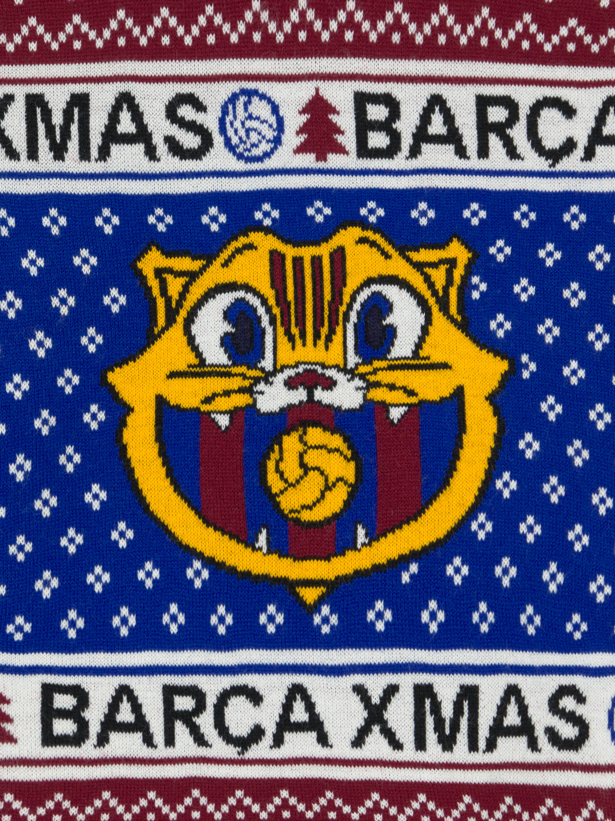 Pull en maille FC Barcelona avec fond bleu à motif, écusson central de chat en dessin et bandes BARÇA.