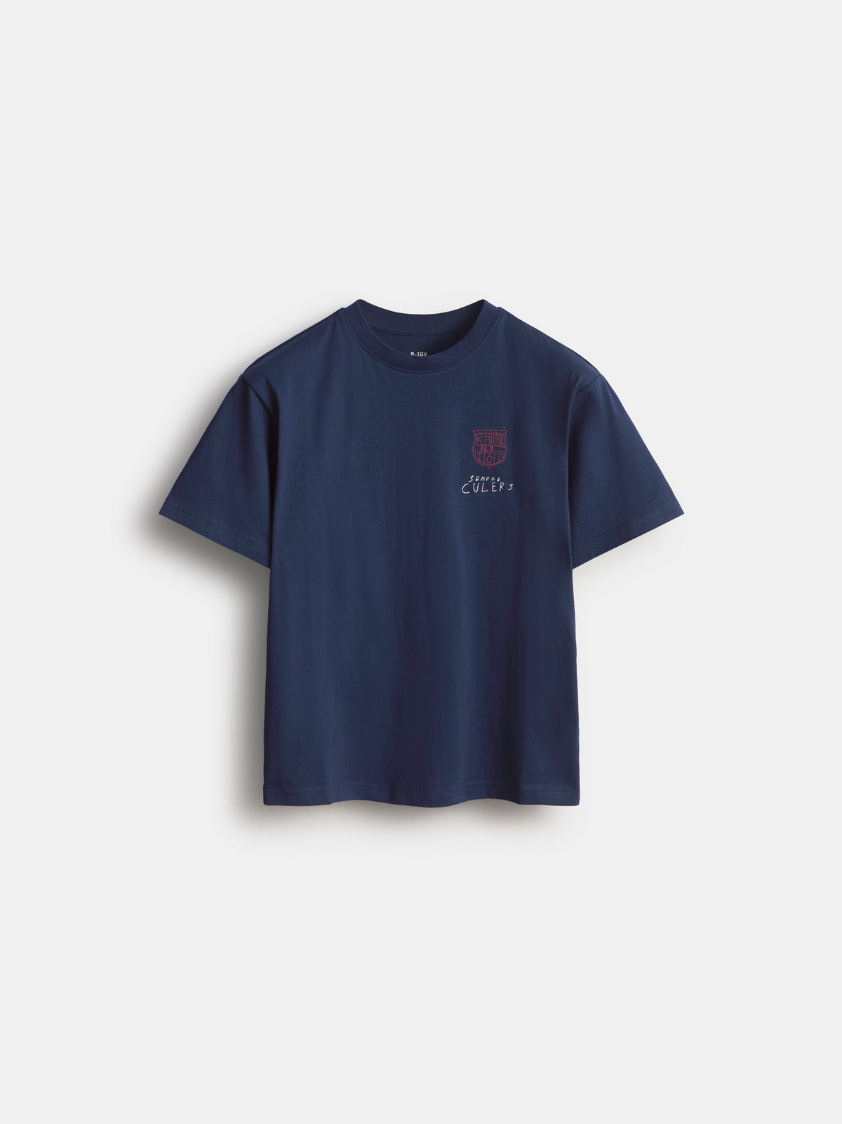 Front view of a navy FC Barcelona T-shirt with a small red club crest and handwritten-style text on the chest.