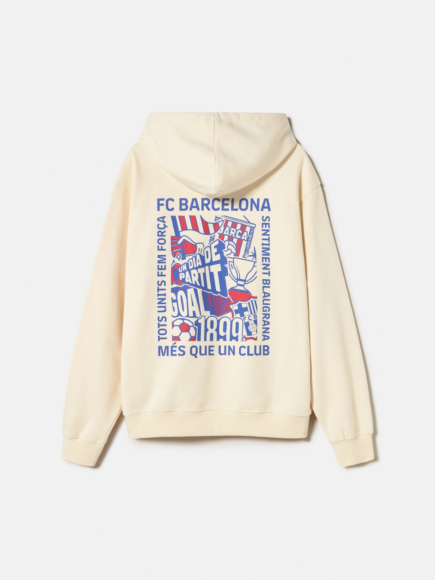 Back of a light hoodie featuring a vibrant FC Barcelona graphic design in blue, red, and white. The collage includes elements like a trophy, football, “GOAL,” “DIA DE PARTIT,” “1899,” and the Barça crest. Surrounding the design are phrases like “FC BARCELONA,” “TOTS UNITS FEM FORÇA,” “SENTIMENT BLAUGRANA,” and “MÉS QUE UN CLUB.”