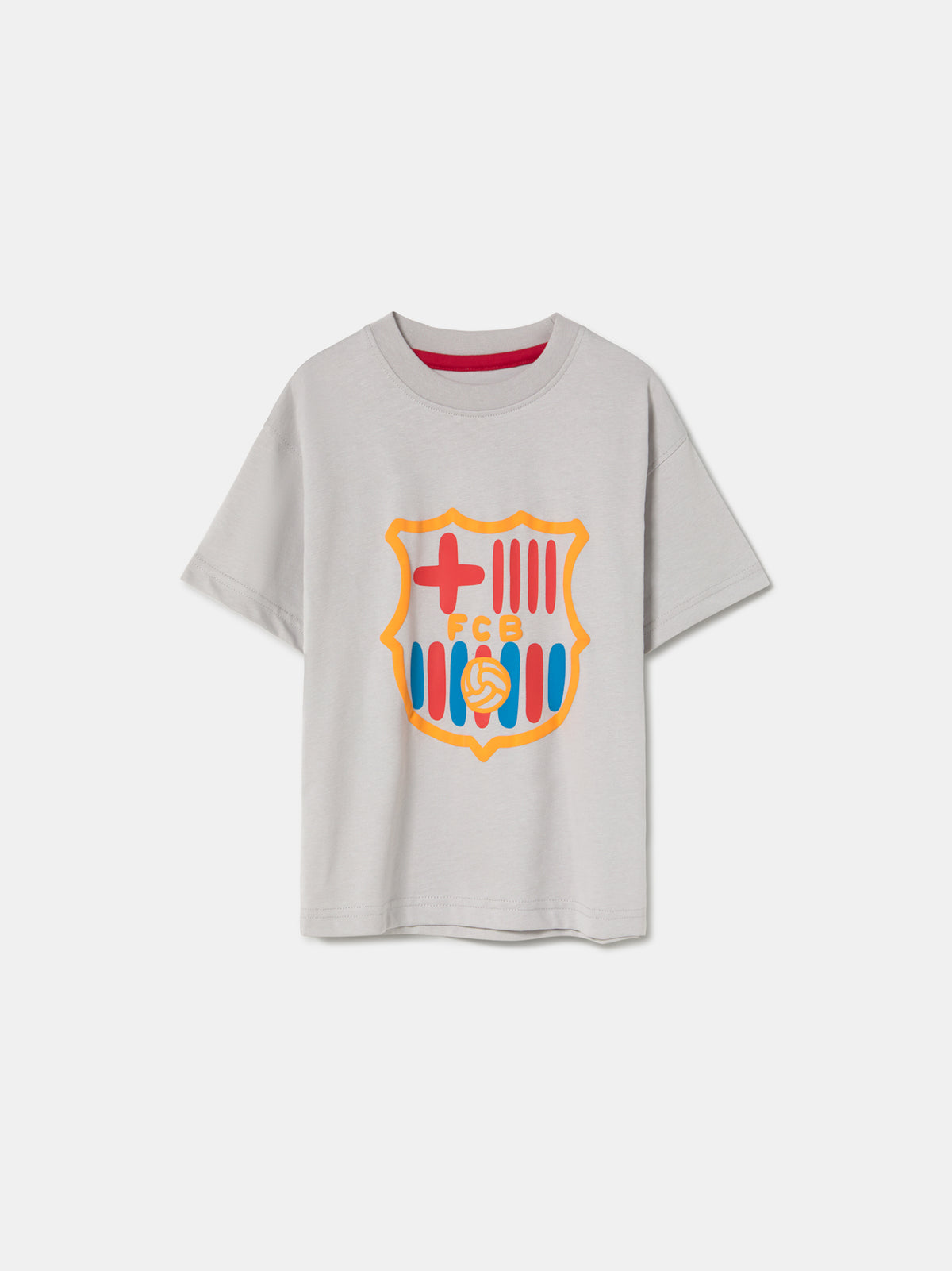 light grey FC Barcelona t-shirt featuring an oversized colorful club crest on the front.