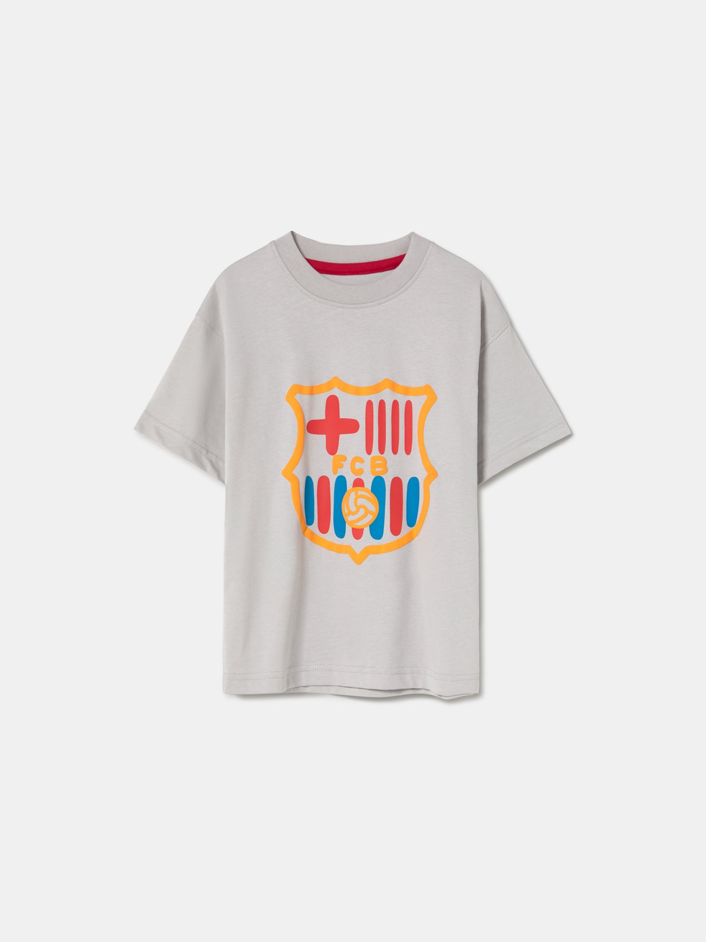 light grey FC Barcelona t-shirt featuring an oversized colorful club crest on the front.