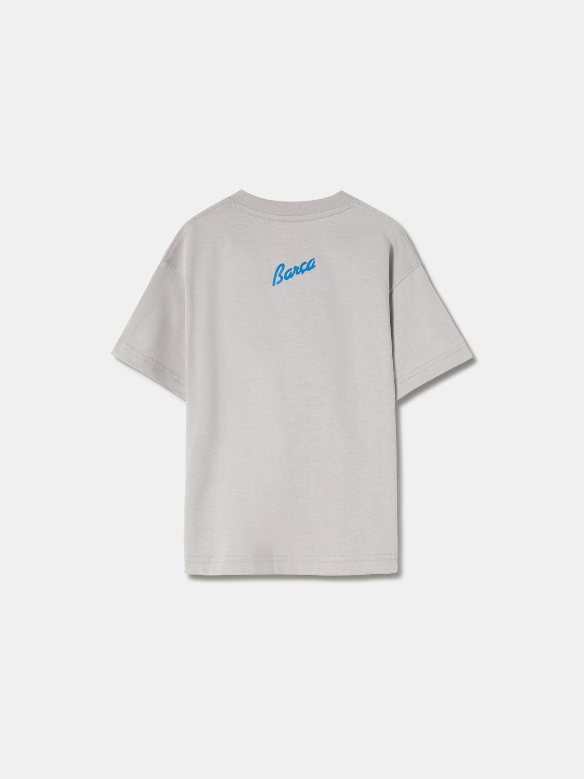 light grey FC Barcelona t-shirt featuring an oversized colorful club crest on the front.