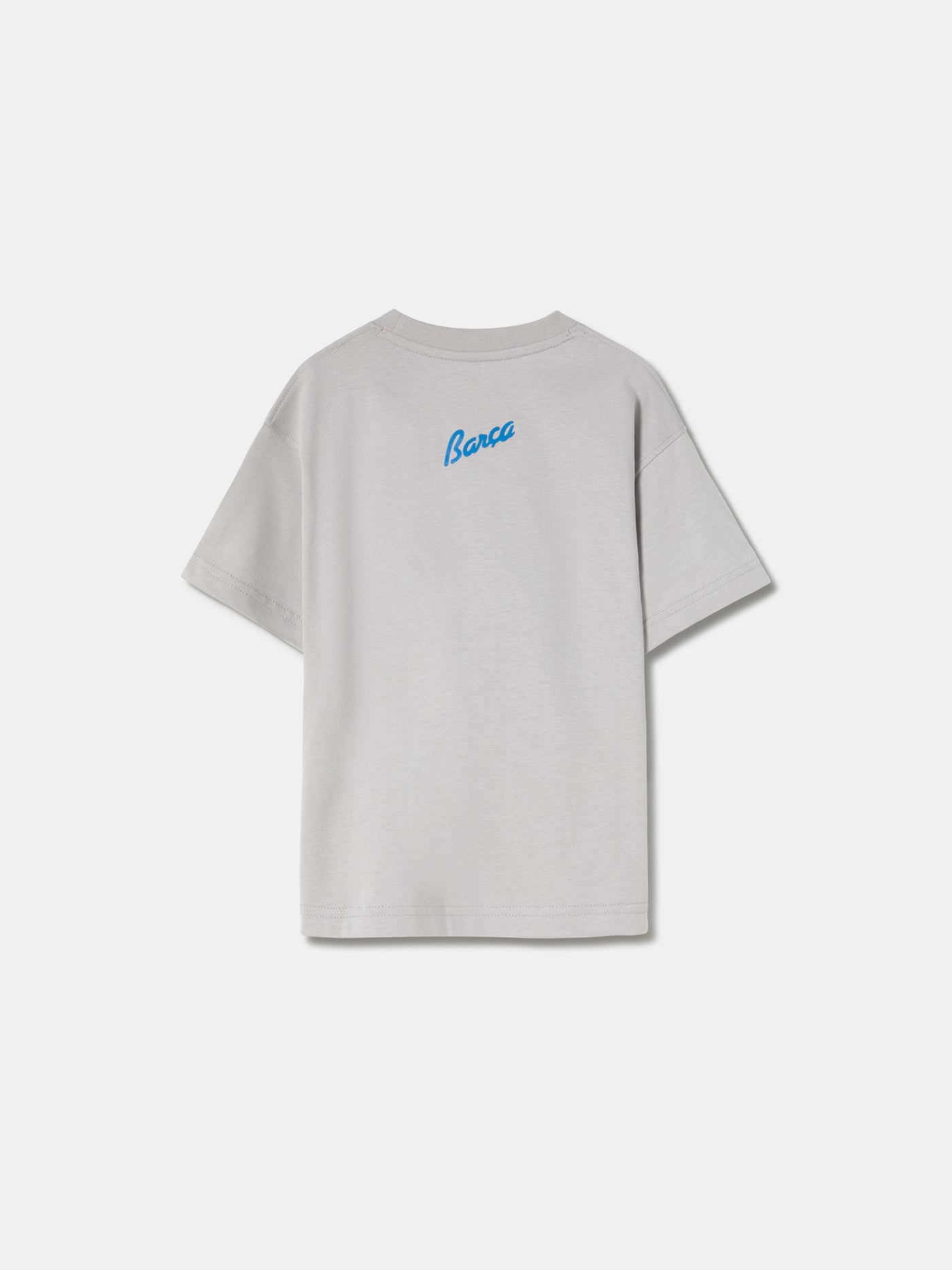 light grey FC Barcelona t-shirt featuring an oversized colorful club crest on the front.