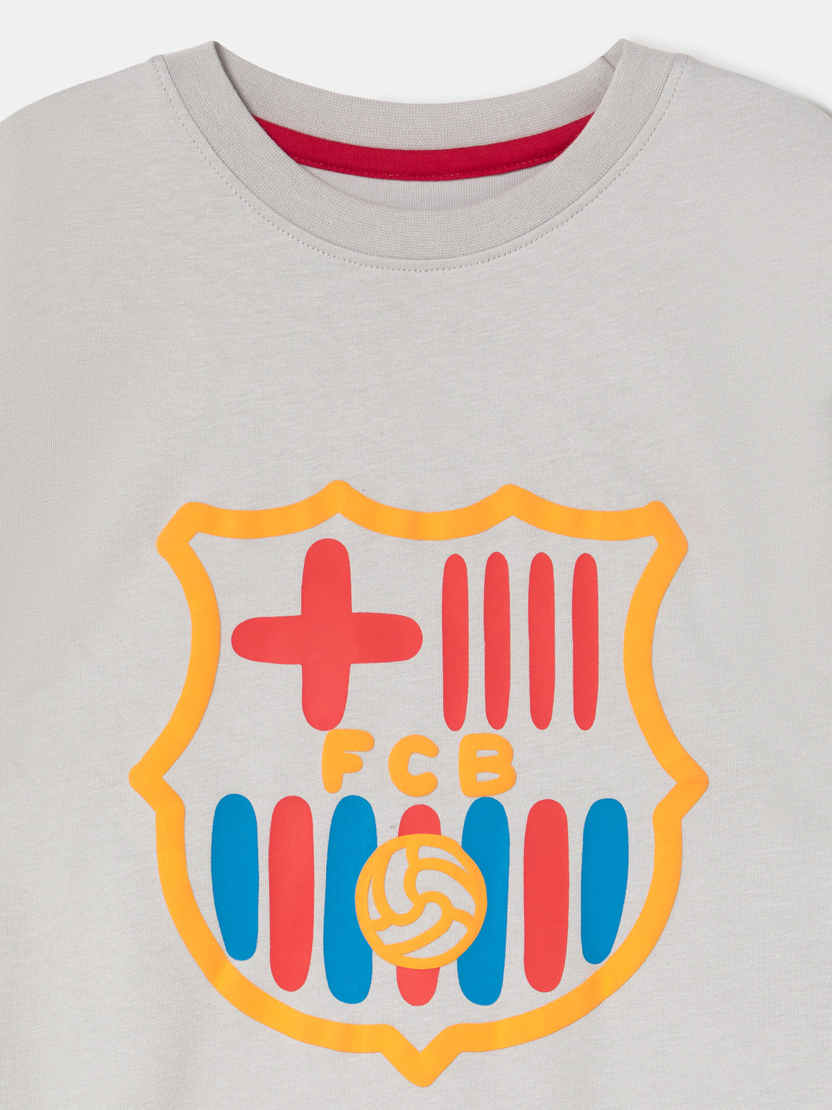 light grey FC Barcelona t-shirt featuring an oversized colorful club crest on the front.