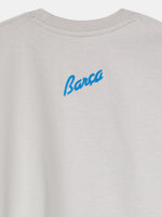 light grey FC Barcelona t-shirt featuring an oversized colorful club crest on the front.