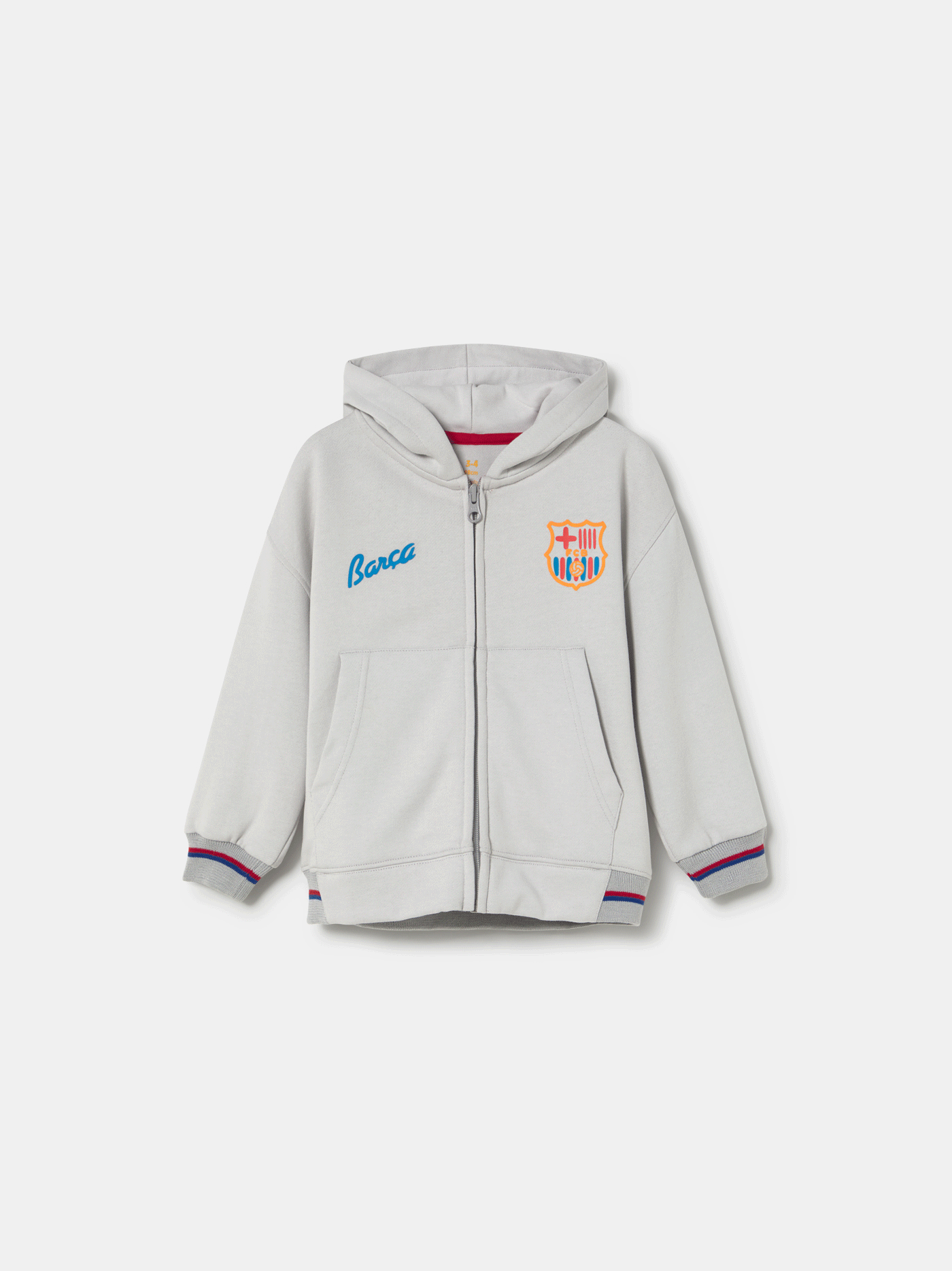 light grey FC Barcelona zip-up hoodie with the club crest on the chest and "Barça" text embroidered in blue.