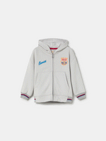 light grey FC Barcelona zip-up hoodie with the club crest on the chest and "Barça" text embroidered in blue.