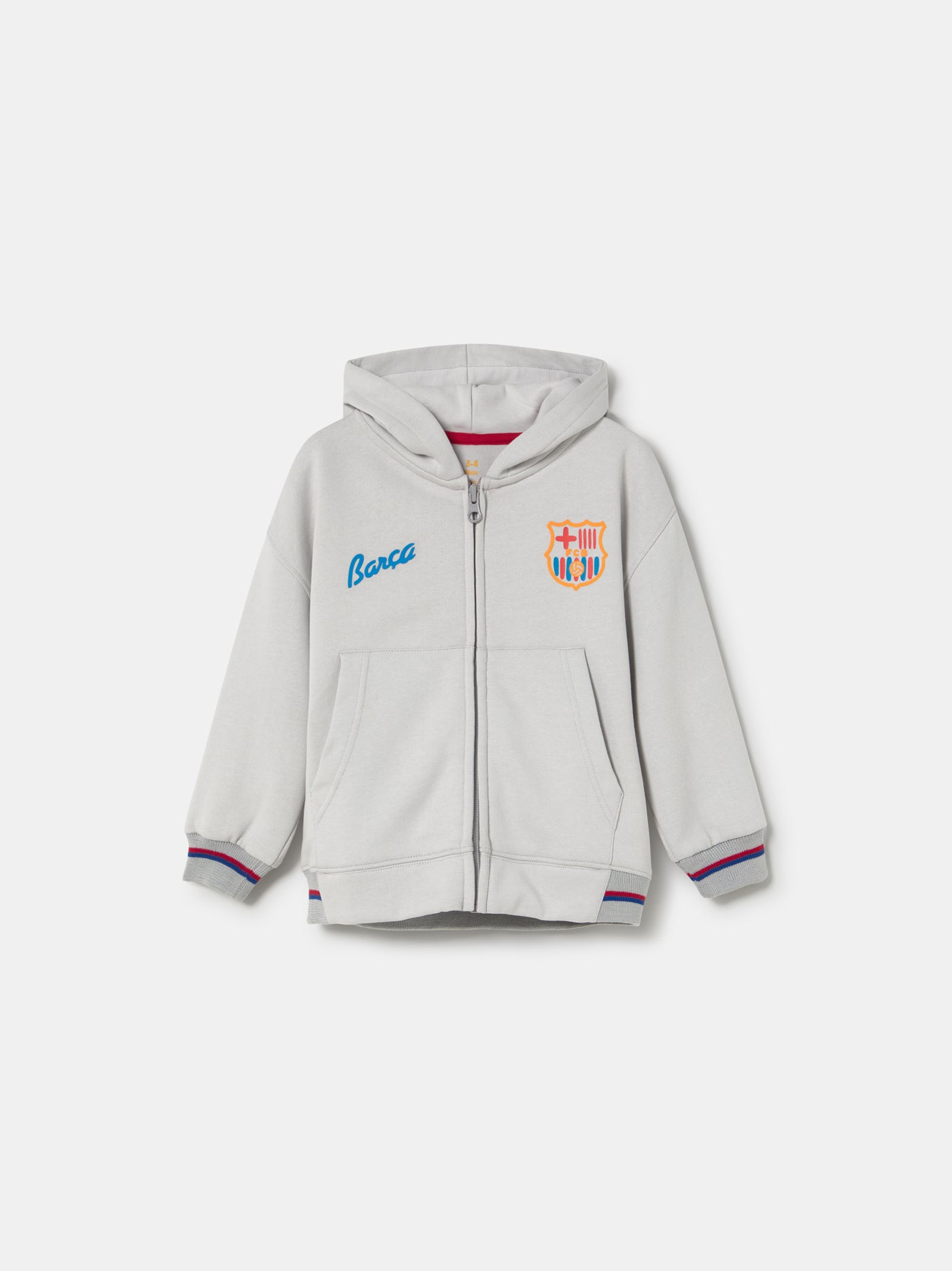 light grey FC Barcelona zip-up hoodie with the club crest on the chest and "Barça" text embroidered in blue.