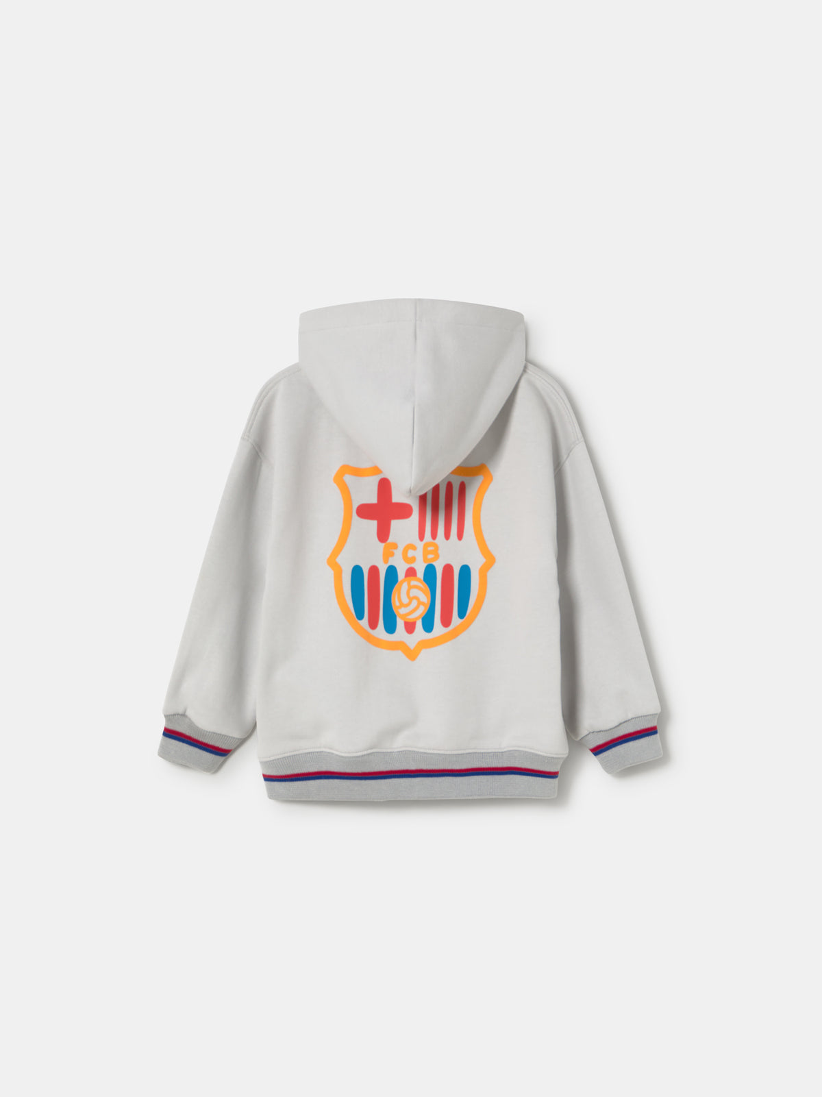 light grey FC Barcelona zip-up hoodie with the club crest on the chest and "Barça" text embroidered in blue.
