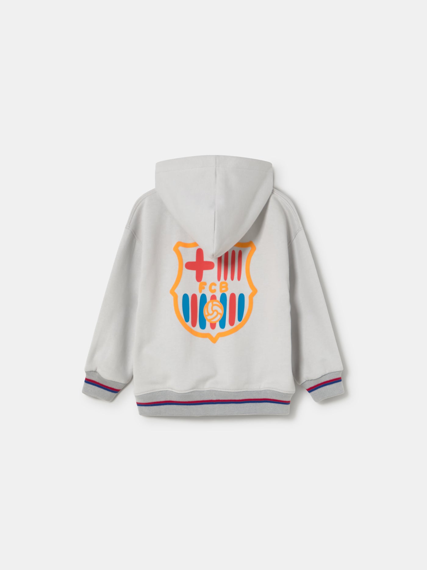 light grey FC Barcelona zip-up hoodie with the club crest on the chest and "Barça" text embroidered in blue.