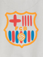 light grey FC Barcelona zip-up hoodie with the club crest on the chest and "Barça" text embroidered in blue.