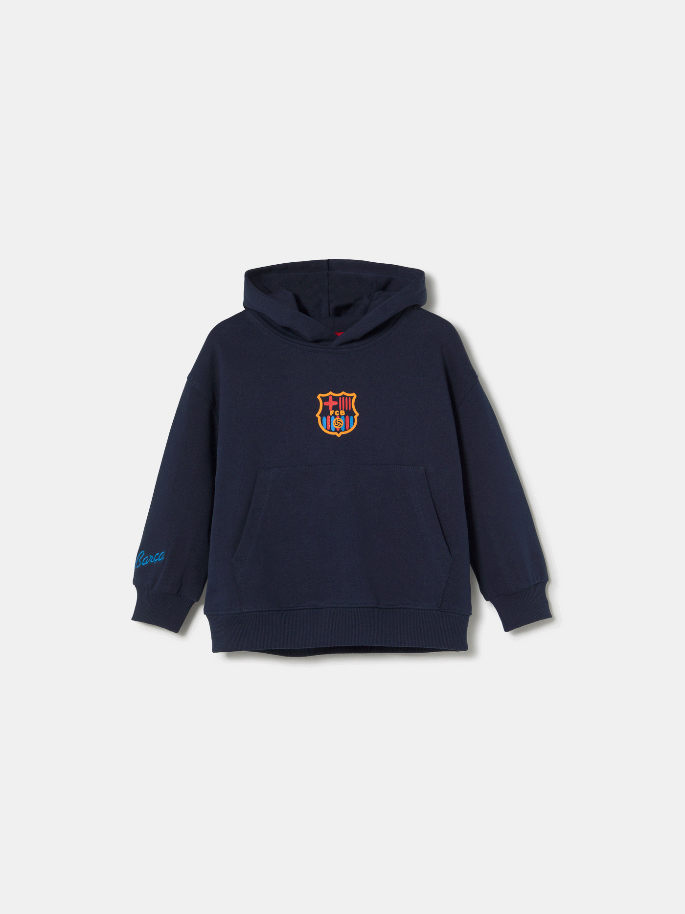 navy blue FC Barcelona hoodie featuring the club crest on the chest and "Barça" embroidered on the sleeve.