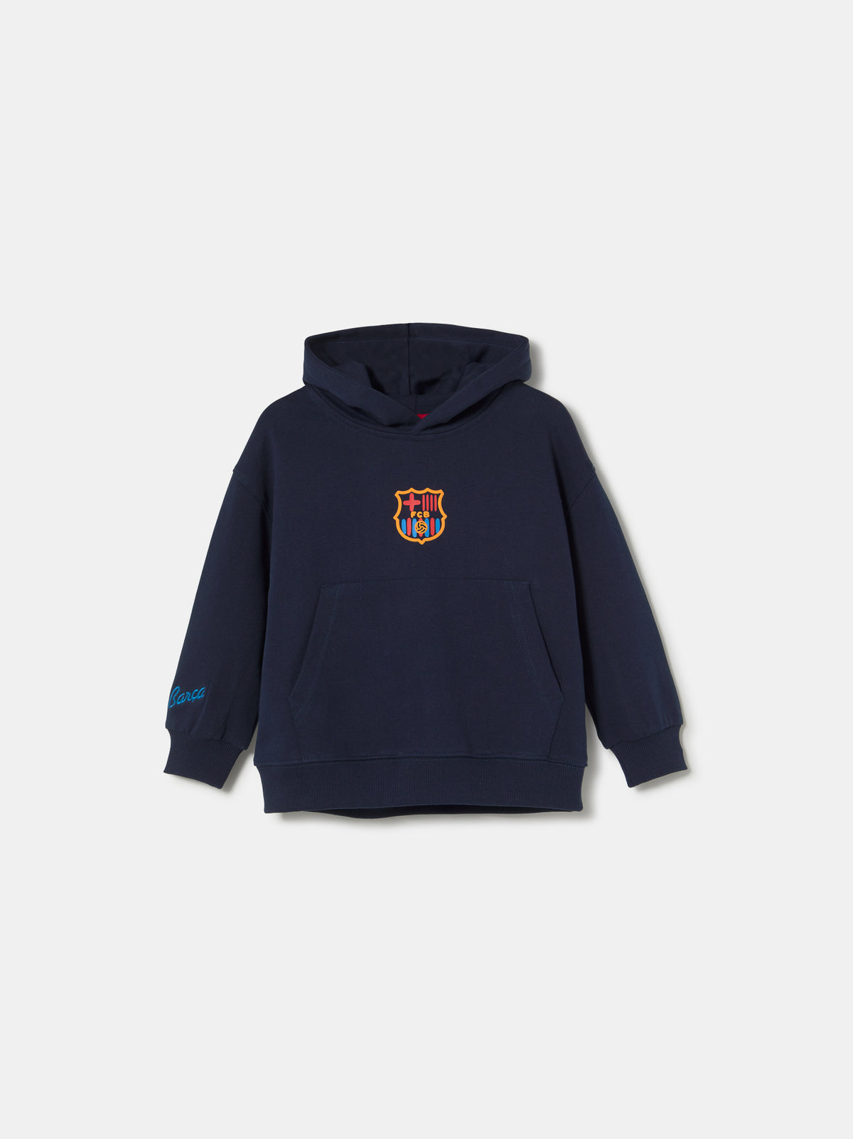 navy blue FC Barcelona hoodie featuring the club crest on the chest and "Barça" embroidered on the sleeve.