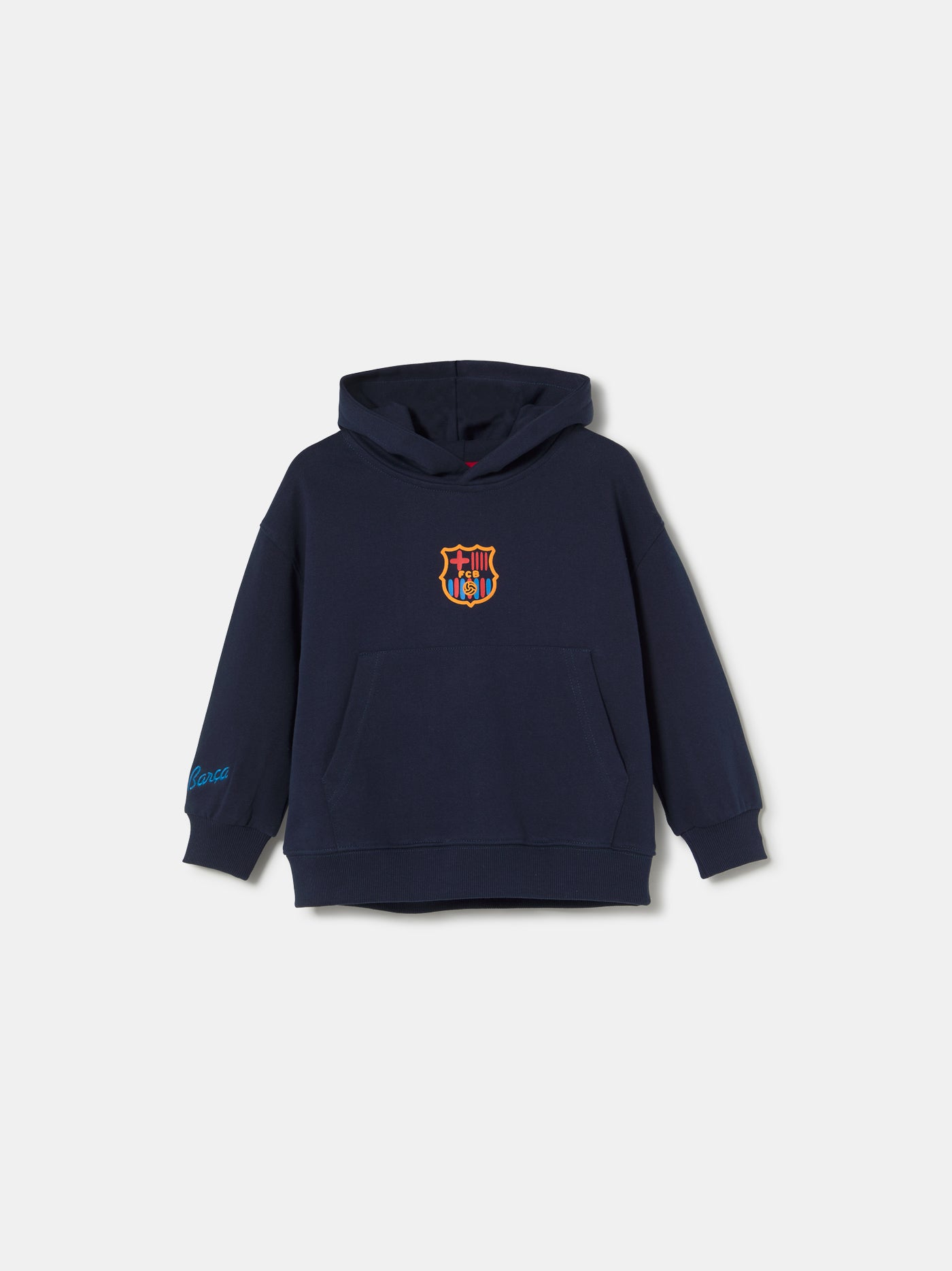 navy blue FC Barcelona hoodie featuring the club crest on the chest and "Barça" embroidered on the sleeve.