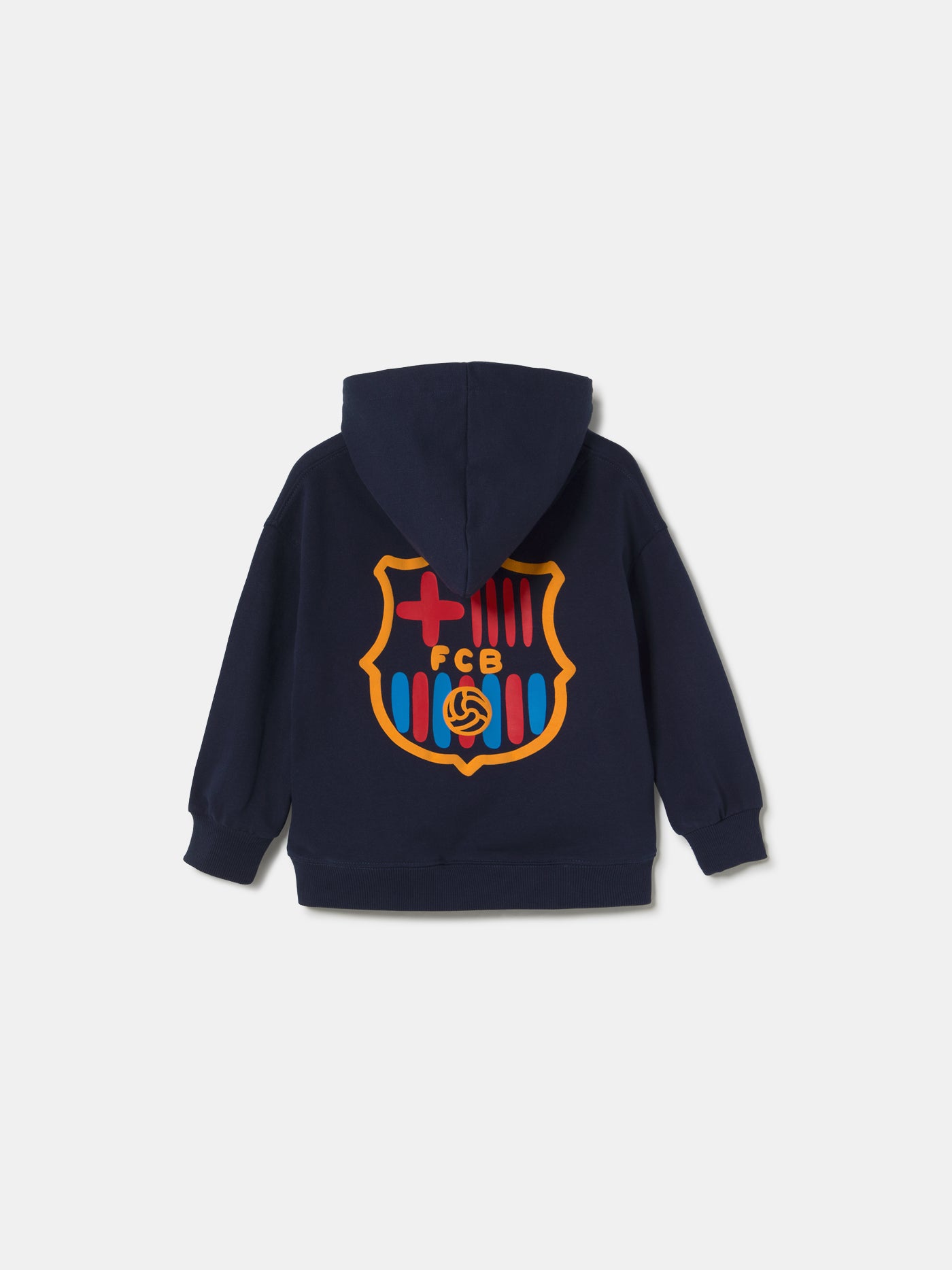 navy blue FC Barcelona hoodie featuring the club crest on the chest and "Barça" embroidered on the sleeve.