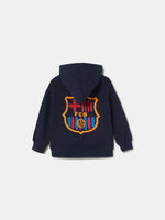 navy blue FC Barcelona hoodie featuring the club crest on the chest and "Barça" embroidered on the sleeve.