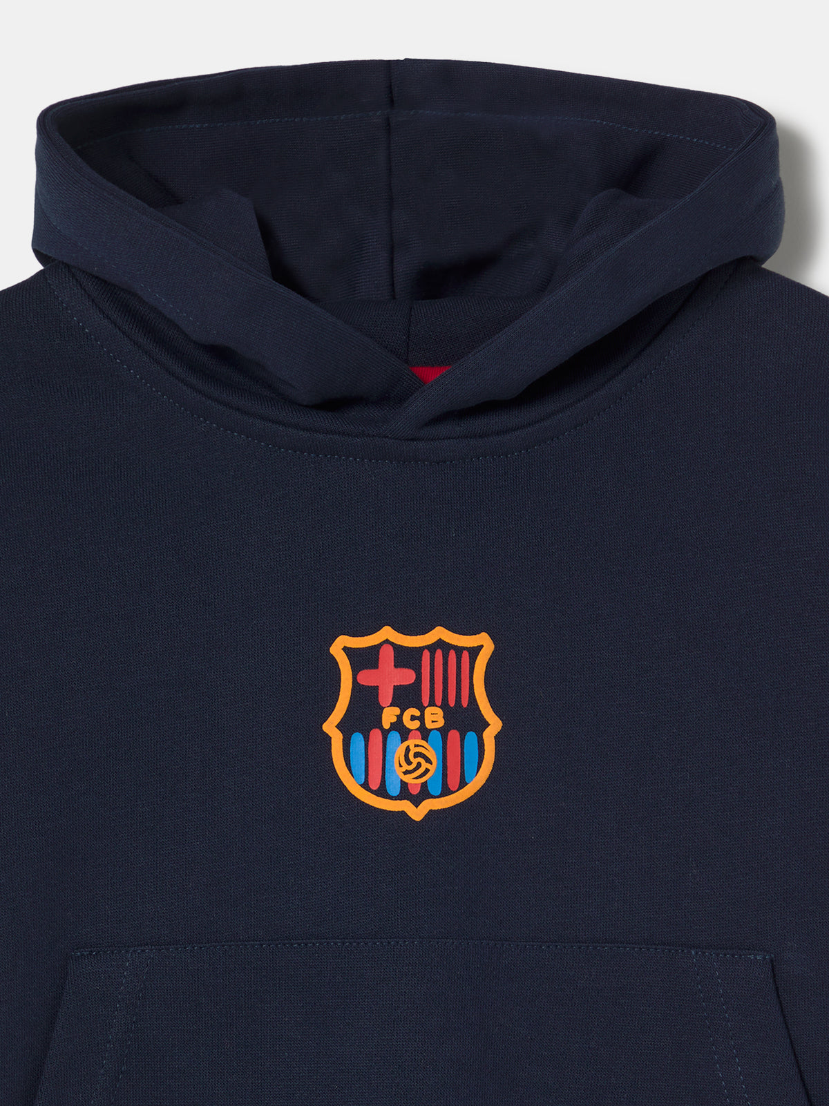 navy blue FC Barcelona hoodie featuring the club crest on the chest and "Barça" embroidered on the sleeve.