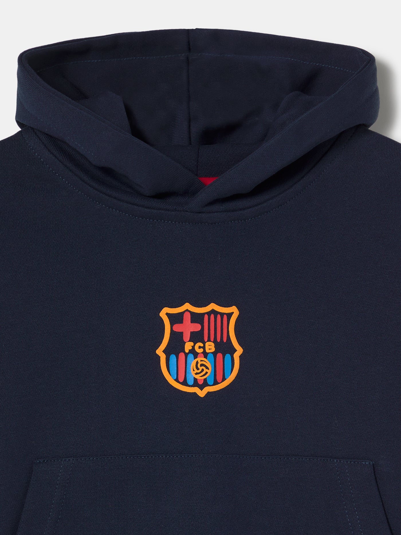 navy blue FC Barcelona hoodie featuring the club crest on the chest and "Barça" embroidered on the sleeve.