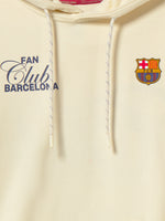ream hoodie with bold 'Fan Club Barcelona' text on the back