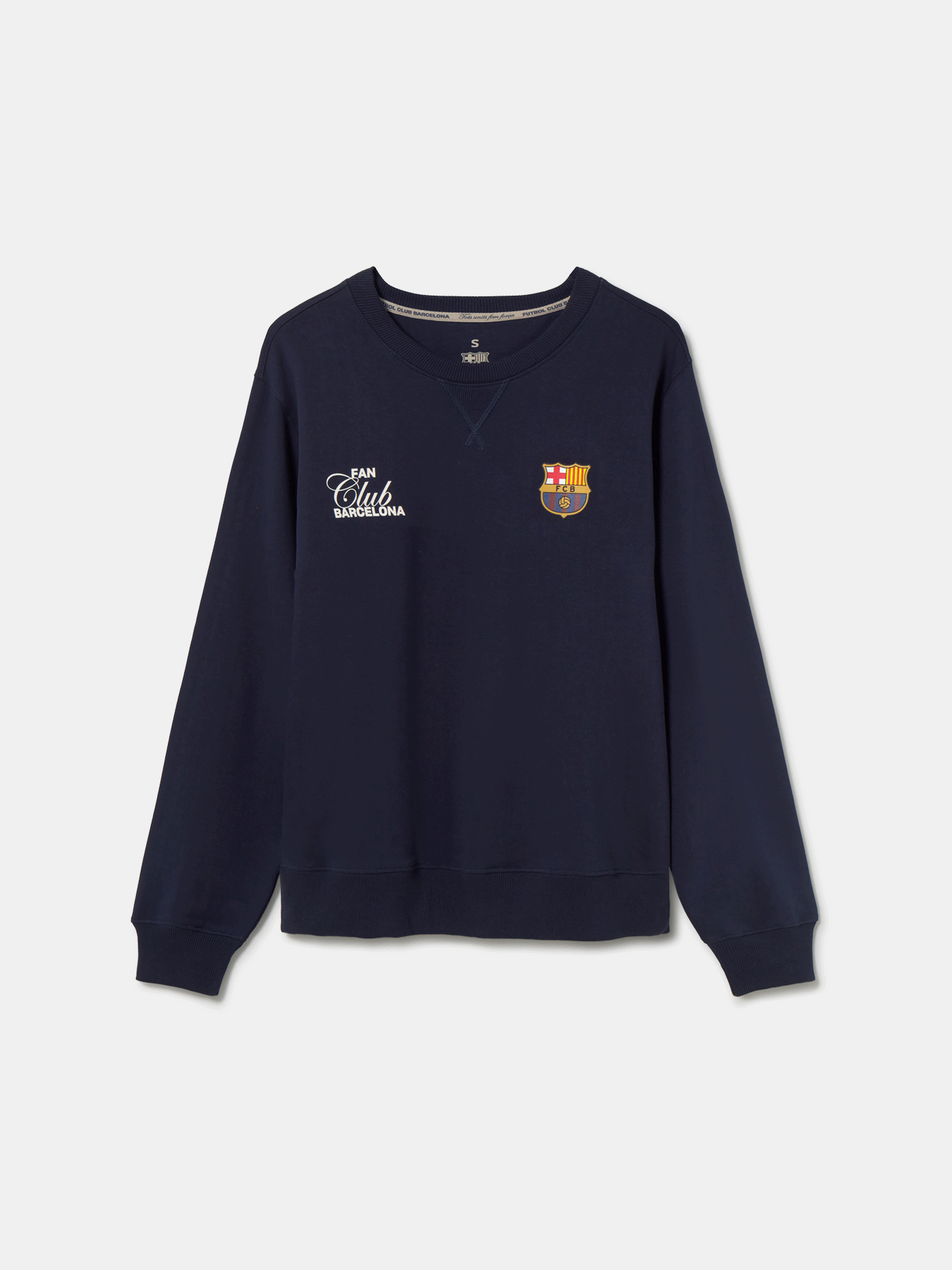 "Navy blue FC Barcelona sweatshirt featuring a colorful abstract Barça design and club name on the back