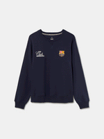 "Navy blue FC Barcelona sweatshirt featuring a colorful abstract Barça design and club name on the back