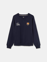 "Navy blue FC Barcelona sweatshirt featuring a colorful abstract Barça design and club name on the back