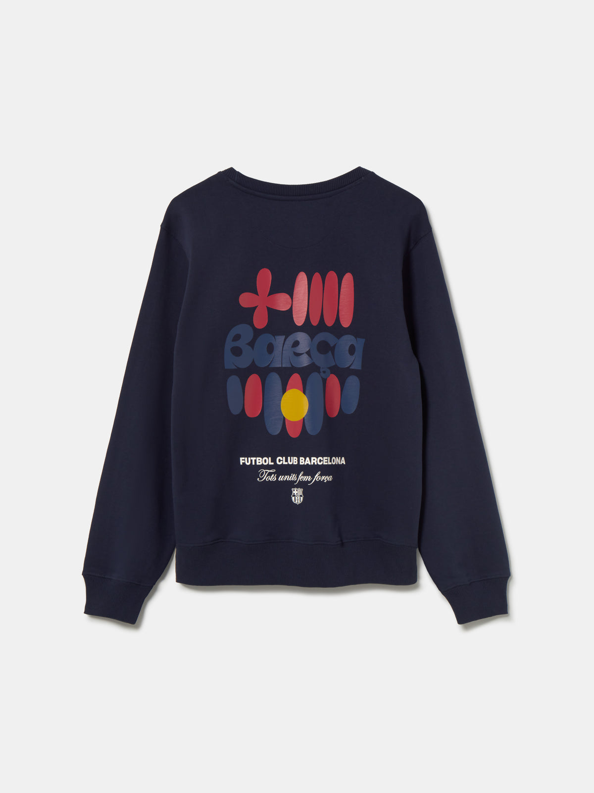 "Navy blue FC Barcelona sweatshirt featuring a colorful abstract Barça design and club name on the back