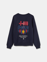 "Navy blue FC Barcelona sweatshirt featuring a colorful abstract Barça design and club name on the back