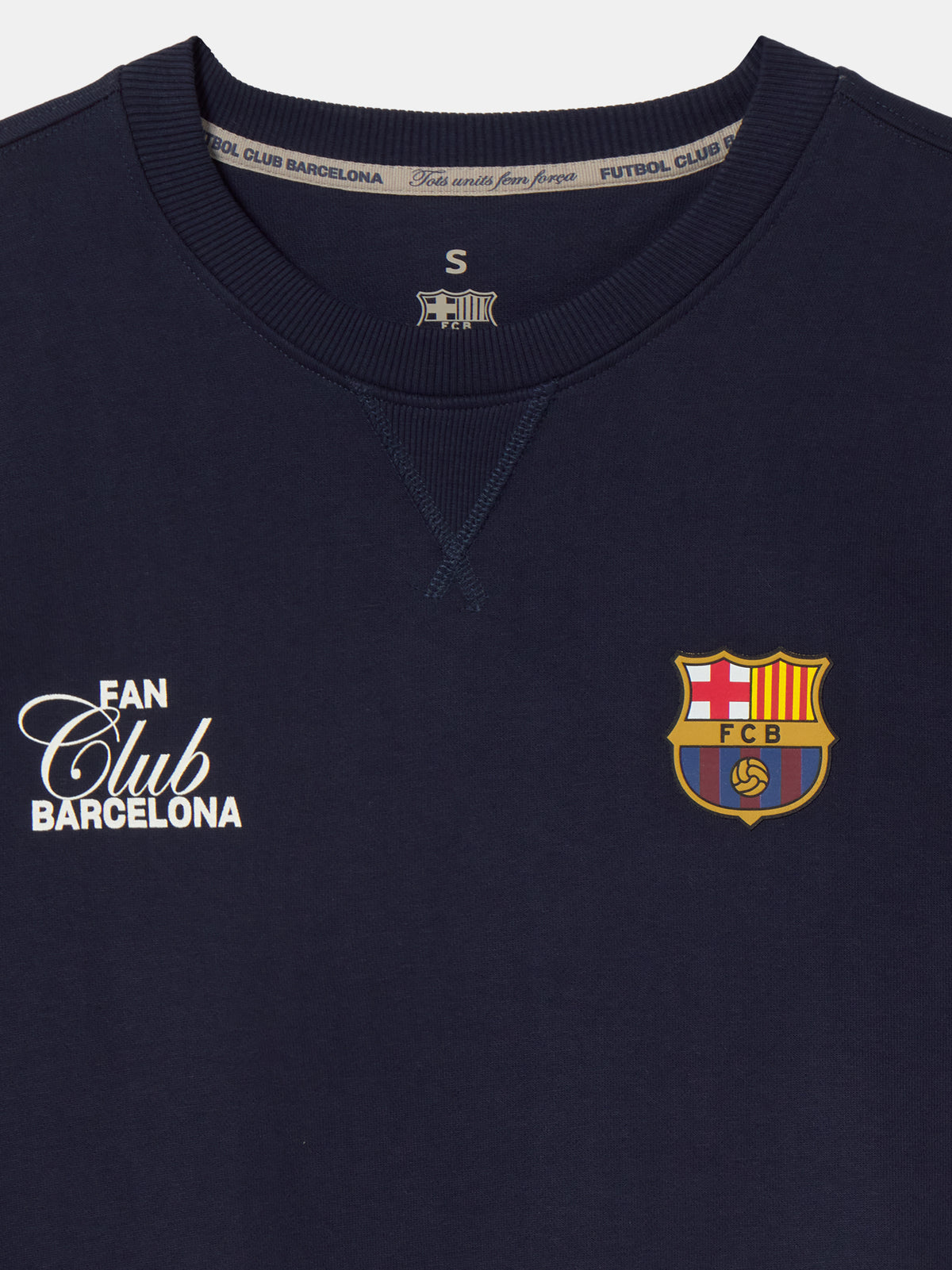 "Navy blue FC Barcelona sweatshirt featuring a colorful abstract Barça design and club name on the back