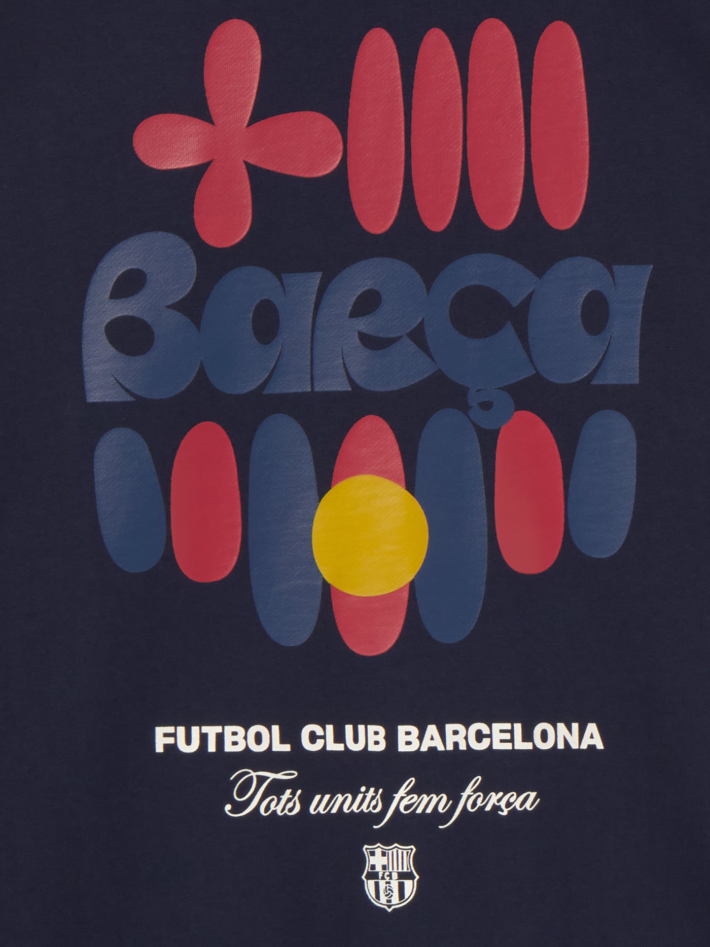 "Navy blue FC Barcelona sweatshirt featuring a colorful abstract Barça design and club name on the back