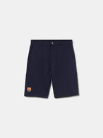 Navy blue FC Barcelona shorts with side pockets and the club crest embroidered near the hem on the left leg